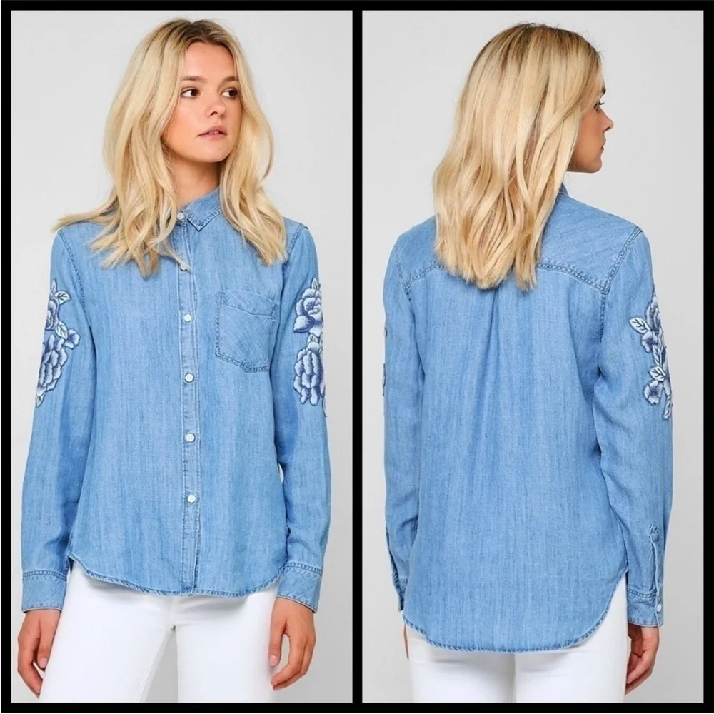 Rails Blue Denim‎ Shirt Floral Chambray Floral Embroidered Blouse Rose Appliqué